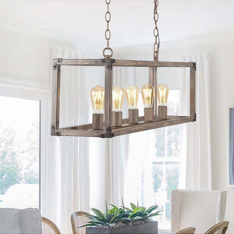 Zeniba 36" 5-Light Linear Adjustable Iron Rustic Farmhouse LED Pendant, Brown by JONATHAN Y