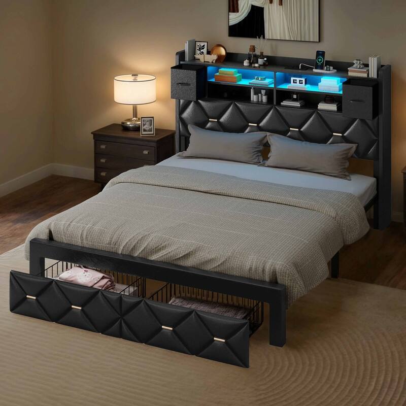 Moasis Upholstered Bed Frame with Storage Headboard And Charging Station and LED Light