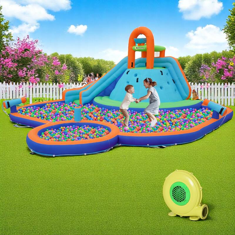 Inflatable Water Slide Bounce House with 2 Pools & Water Cannons, Kids Outdoor Water Park with Slide, Large Backyard Playset