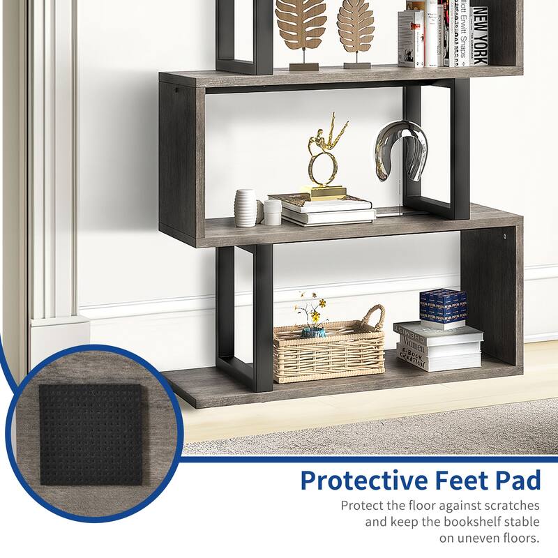 Hermoth Wood 5 Tiers Bookshelf S-Shaped Z-Shelf Style Bookcase Storage Display