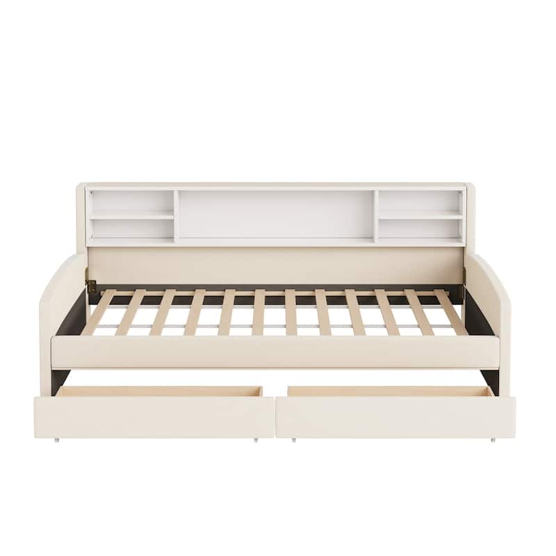 Twin Size Upholstered Daybed with Storage Headboard and 2 Drawers, Velvet Sofa Bed Frame with Storage Shelves