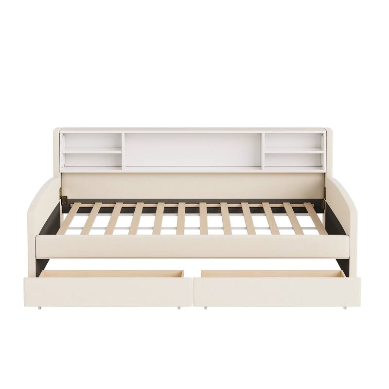 Twin Velvet Upholstered Bed Frame with Storage Drawers and Built-In Shelf, Platform Design with Plush Headboard