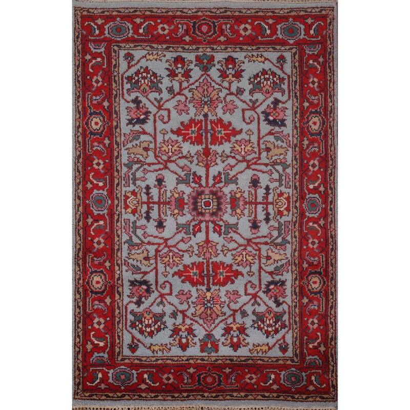 Light Blue & Red Heriz Serapi Indian Foyer Rug Handmade Wool Carpet - 4'0"x 6'0"