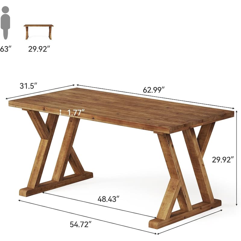 Solid Wood Dining Table for 4-6 People, 63 Inch Rectangular Farmhouse Kitchen Table - 62.99" L x 31.5" W x 29.92" H