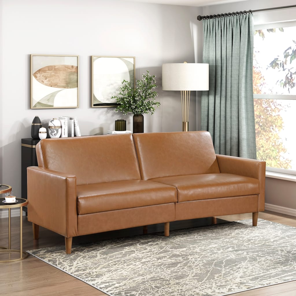 Camel Faux Leather Convertible Futon Sofa with Plywood Frame