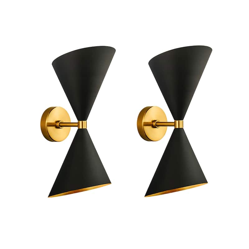 2-Pack 2-Light Industrial Cone Adjustable Head Bathroom Vanity Light Dual Horn Hourglass Black Gold Wall Sconce - 5.7 in. W x 15.75 in. H x 10.24 in. D - Black