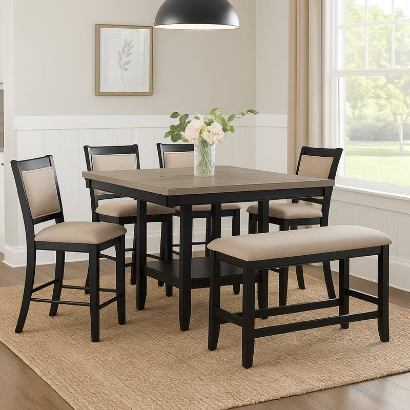 Filu Counter Height Chair Set of 2, Black Wood Frame, Gray Linen Seat