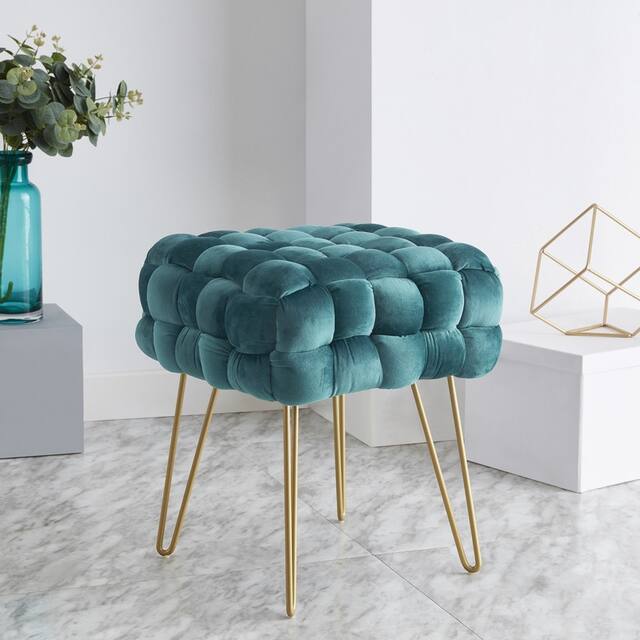 Mirage Modern Contemporary Square Woven Upholstered Velvet Ottoman with Gold Metal Legs - Teal