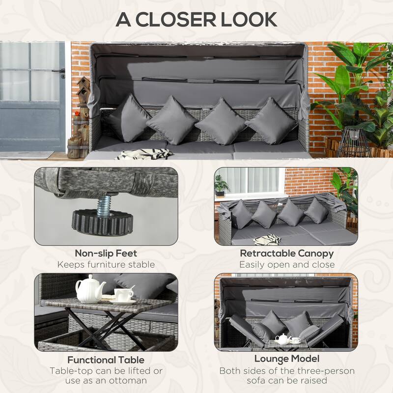 Outsunny 4 Piece Patio Furniture Set with Cushions, PE Rattan Daybed with Retractable Canopy, Outdoor Sectional Sofa Set