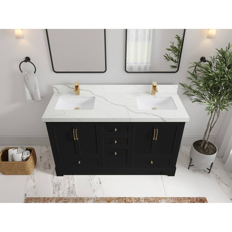 Willow Collections 60 in. W x 22 in. D Alys Double Sink Bathroom Vanity with Countertop - 2"Calacatta Laza - Black