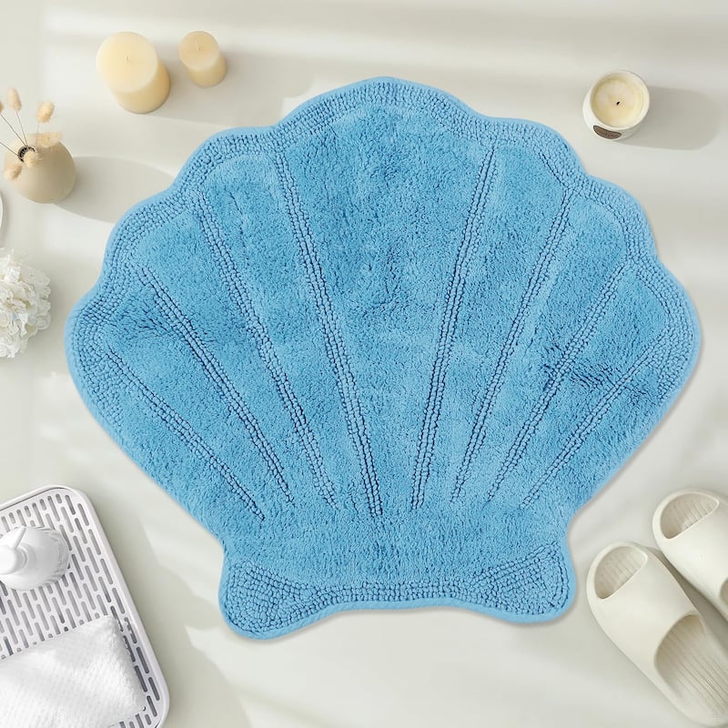Better Trends Seashell Bath Rug 100% Cotton Absorbent Reversible Bathroom Mat Marilyn Collection - 25x28 Shell - Blue