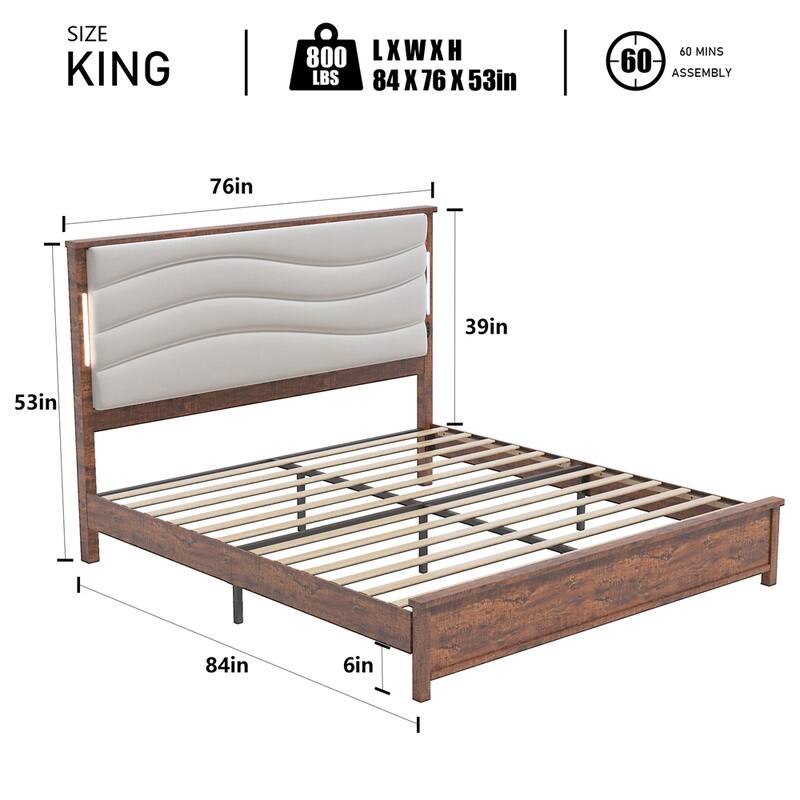 King Size LED Platform Bed w/ Upholstered Headboard, Charging Station