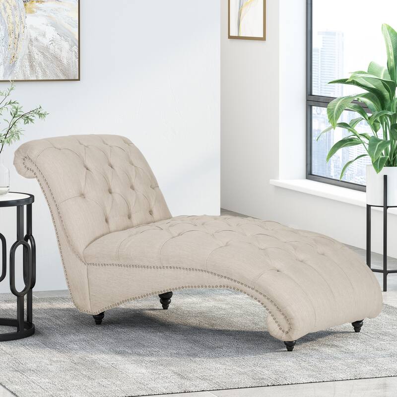 Modern 64.25" Button Tufted Chaise Lounges Chair with Birch Wood Legs and Nailheads
