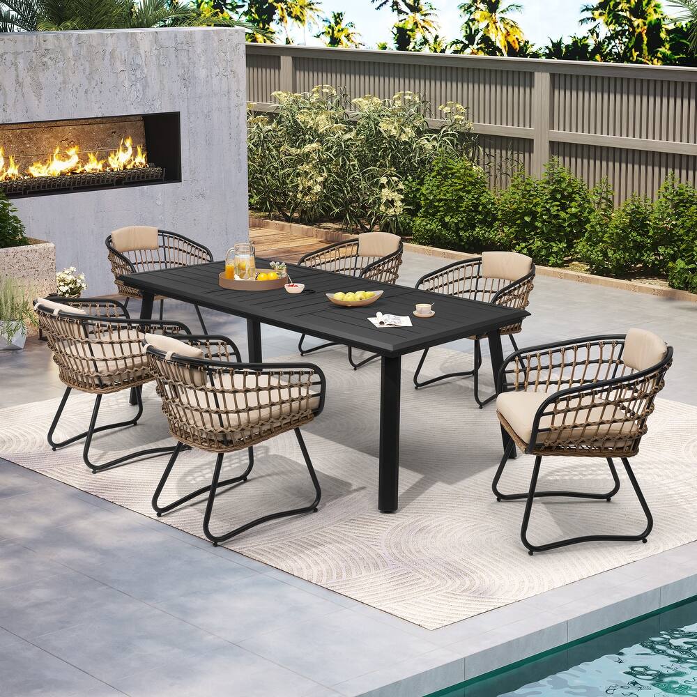 7PC Outdoor Aluminum Dining Table with Umbrella Hole with Rattan Chair