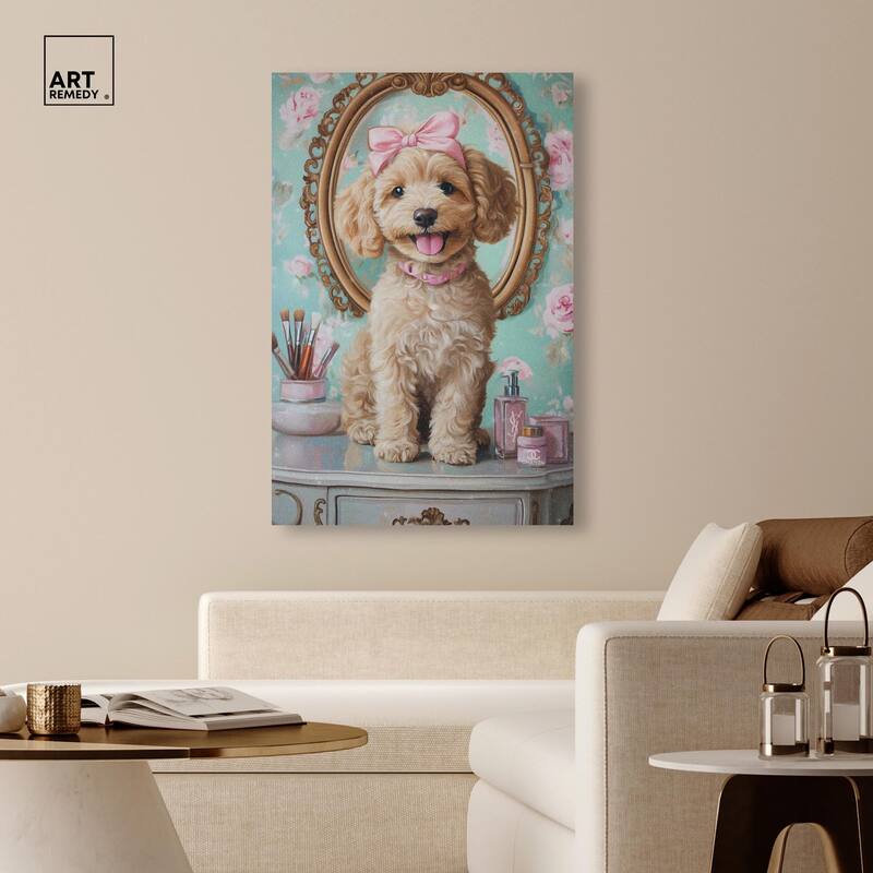 Puppy at the Vanity Canvas by Art Remedy, Gallery Wrapped