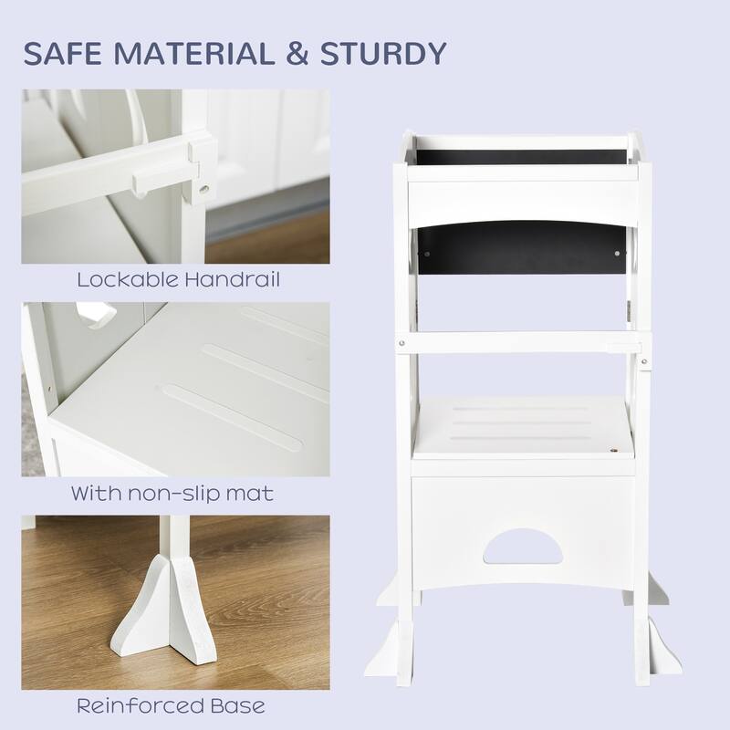Qaba Kids Kitchen Foldable Step Stool Toddler Kitchen Stool w/ Chalkboard Lockable Handrail for 3-6 Years