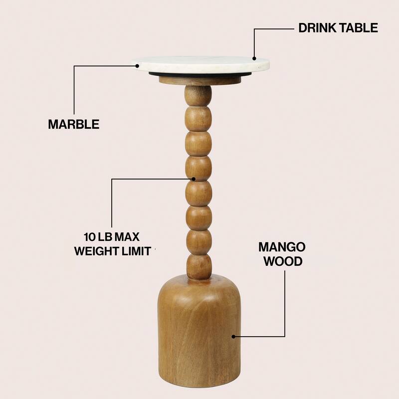 Turner 24.5" Designer Cottage Spindle Wood Drink & End Table, White Marble Top, By JONATHAN Y