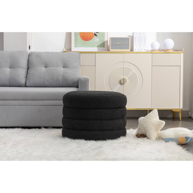 007-Boucle Fabric Storage Round Ottoman Footstool With Wooden Shelving