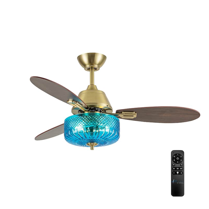 Maeve River of Goods 3-blade 42-inch Glam Indoor Ceiling Fan with Blue Hand-Cut Glass Shade and Remote Control - 42" x 42" x 18.75" - Blue/Gold - Remote