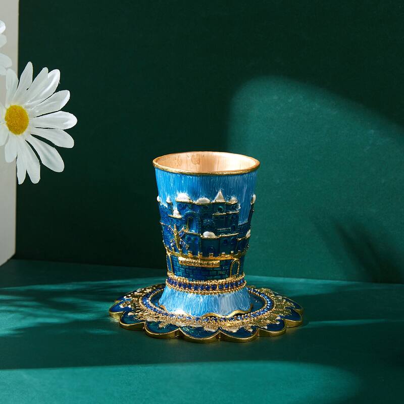 Matashi Hand-Painted Enamel 3.3'' Tall Kiddush Cup Set w/ Tray Embellished w/ High Quality Crystals & Jerusalem Cityscape Design