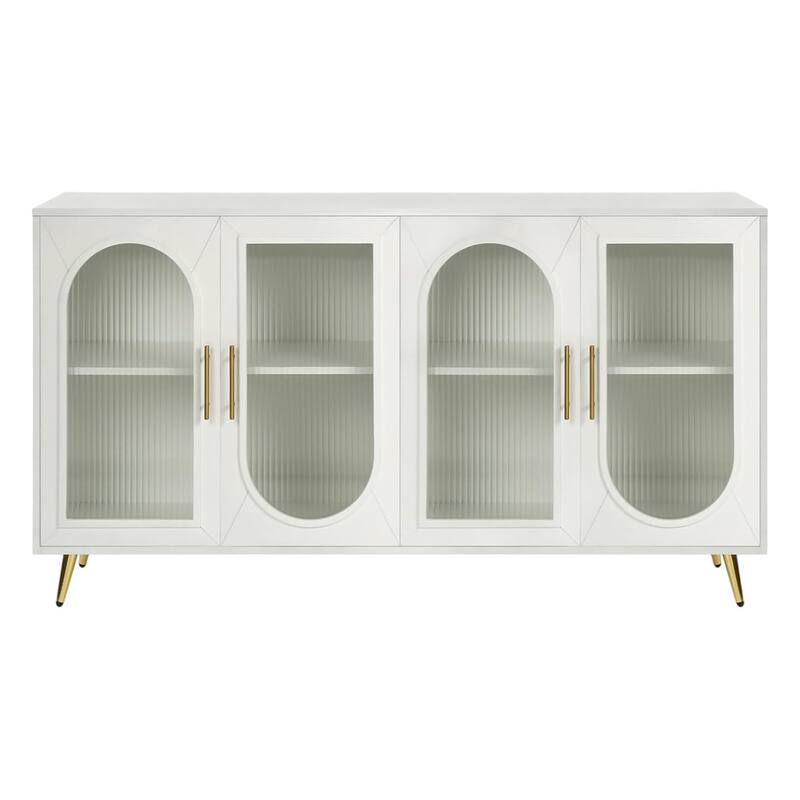 HomeRoots 60" White Ribbed Texture Wood And Glass Sideboard with Four Doors - 60' X '32.3' X '15.7