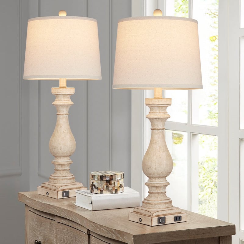 27.5'' Beige Bedside Resin Table Lamps with Built-in USB Ports, and Touch Control (Set of 2) - 12.5'' x 12.5'' x 27.5''