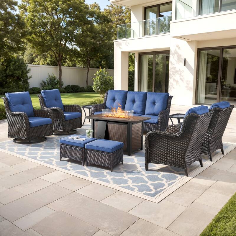 Gymojoy 10-Piece Outdoor Wicker Patio Set with Swivel Glider Chairs & 55,000 BTU Fire Pit Table for Garden, Backyard, Poolside