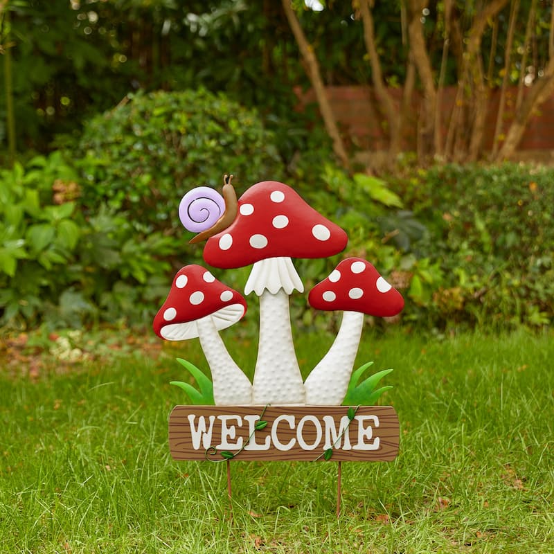Glitzhome Metal/Wood Frog Stacked Mushroom Welcome Sign Yard Stakes Garden Wall Decor