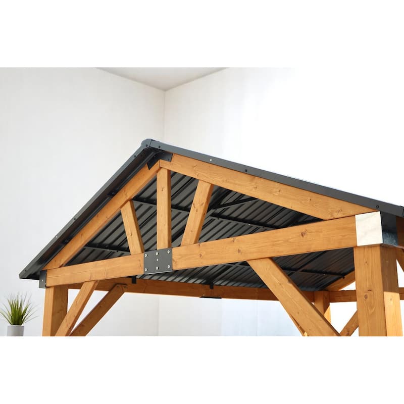 Outdoor Fir Wood Carport Pavilion Gazebo with Steel Roof, Durable Wood Frame, and UV Protection for Patio, Garden, and Backyard