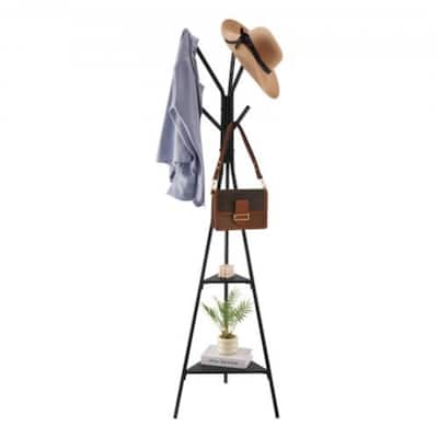 Black Freestanding 6 Hooks Coat Rack Stand with 2 Wooden Shelves for Entryway or Bedroom - 19.5" x 16.7" x 70.5"