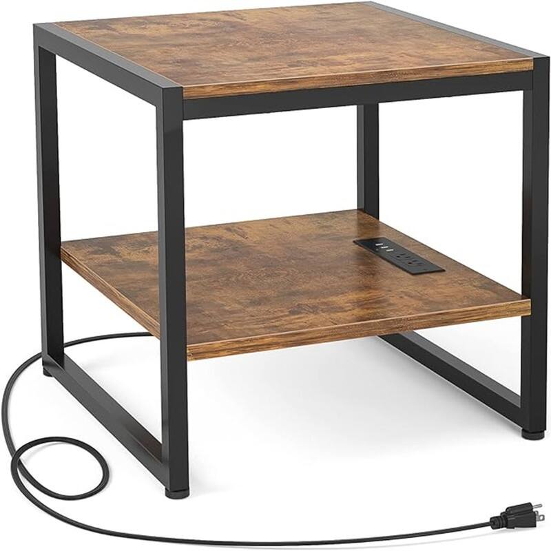 End Table with Charging Station - 20"D x 20"W x 20.7"H - End Table- 1pcRustic Brown