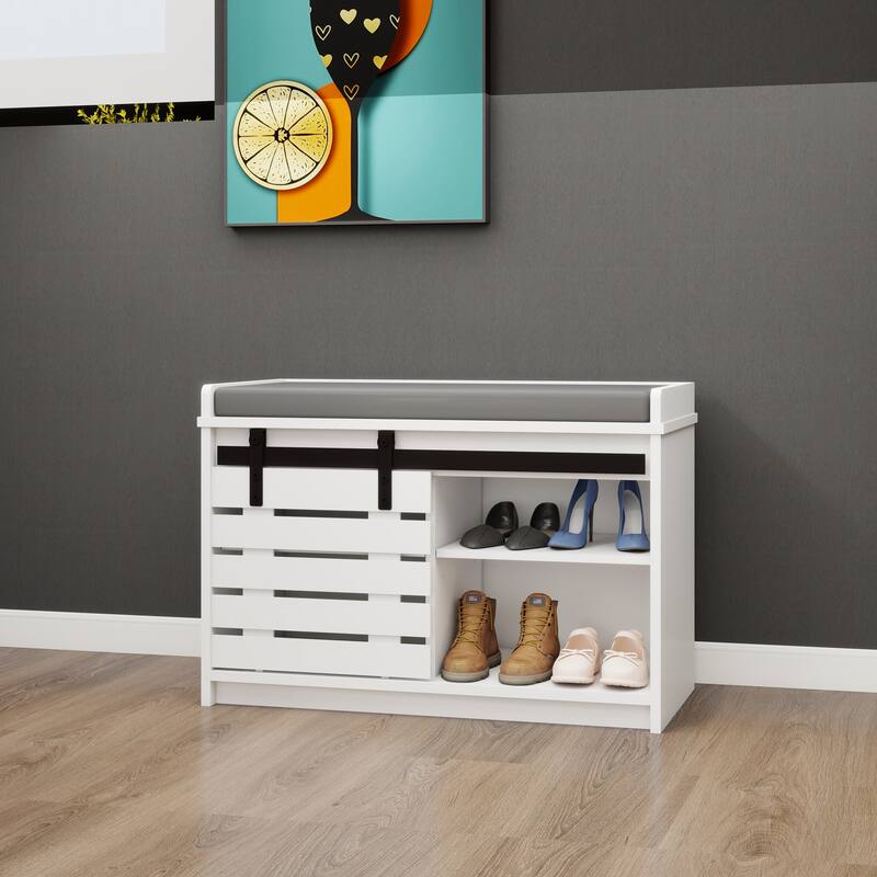 Modern Shoe Storage Bench, 2-Tier Entryway Bench with Sliding Barn Door & 2 Adjustable