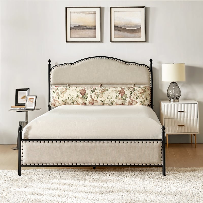 Eulalia Transitional Upholstered Platform Metal Bed Frame Four Poster Bed with High Headboard&Pillow