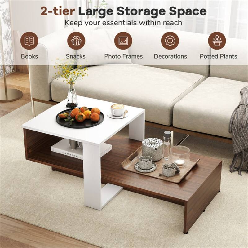 White-Brown Engineered Wood Geometric Coffee Table with 2 Tier Storage - 31" x 16" x 13" (L x W x H)
