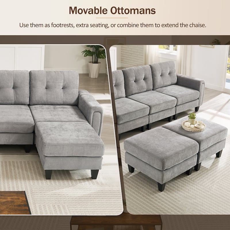 115" U-Shaped Sectional Couch, 6 Seat Upholstered Deep Seat Sofa with Movable Ottomans, USB Ports and Side Tables