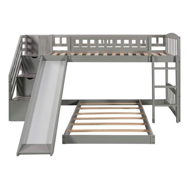 slide 2 of 34, Twin over Twin Bunk Bed with Slide, Drawers & Stairs - Perfect for Kids Gray
