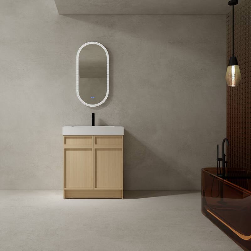 Bathroom Vanity with Resin Sink, Soft-Close Door Hinges, Adjustable Shelf, Scratch & Water-Resistant Melamine - 29.5in L Plywood - Oak