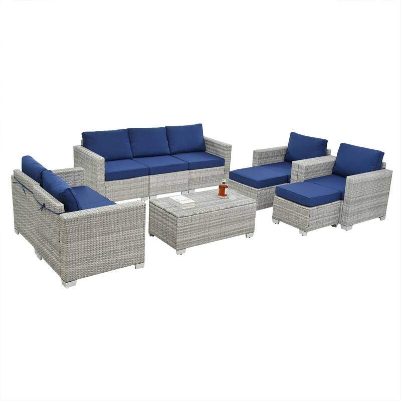 10 Piece PE Rattan Patio Furniture Set Outdoor Patio Furniture Set With Cushions & Tempered Glass Coffee Table