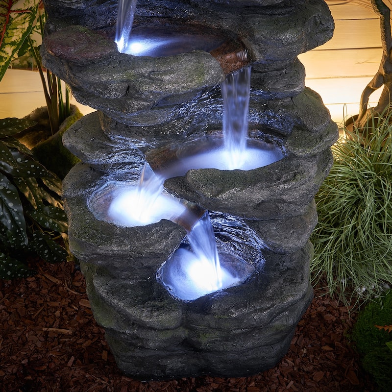 Outdoor Freestanding Fountains Rock Waterfall Fountain w/LED Lights