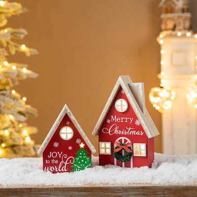 Glitzhome Set of 2 Christmas Lighted Wooden House Table decor
