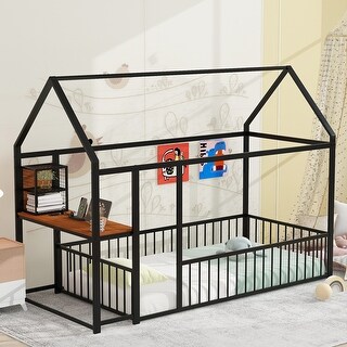 Twin Metal House Bed Frame with Built-In Desk Shelves USB Ports and Power Outlets, Space Saving Study