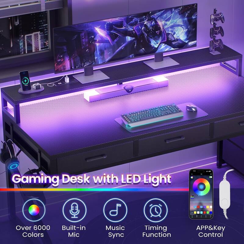 55" Gaming Desk 6 Fabric Drawers Storage LED Lights Power Outlet