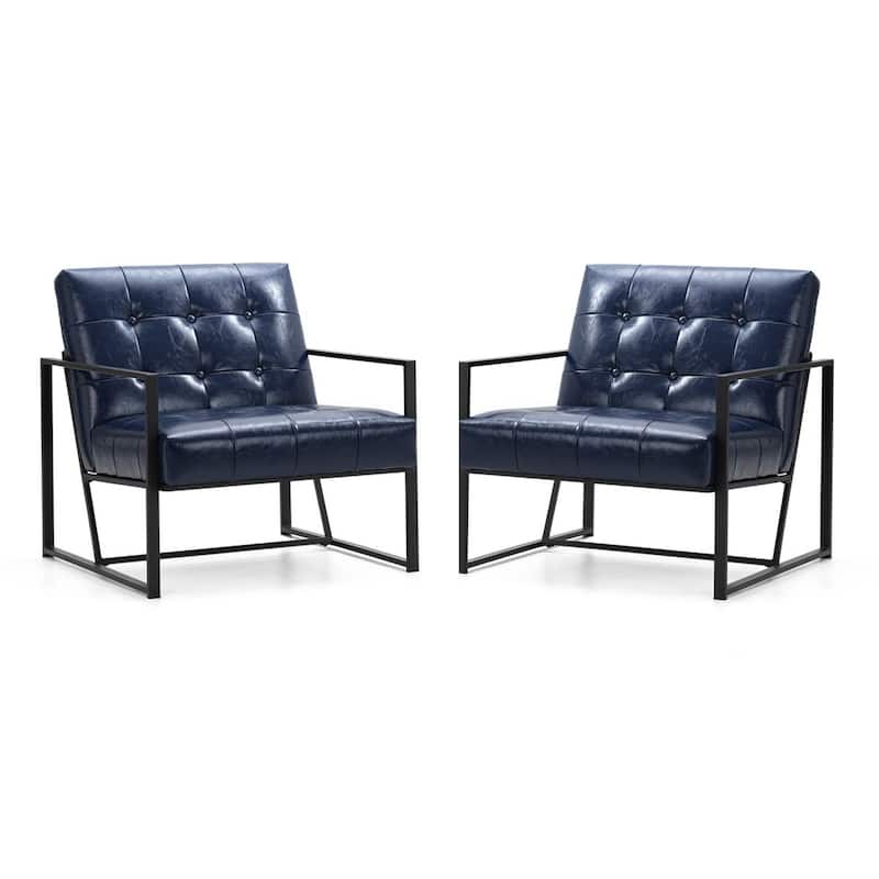 Glitzhome Set of 2 29.25"W Mid-Century PU Leather Tufted Accent Chairs - Navy Blue