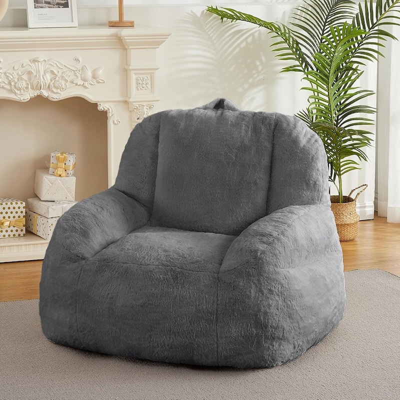 Faux Fur Stuffed Bean Bag Chair, Big Floor Lazy Sofa for Adults - Dark Grey