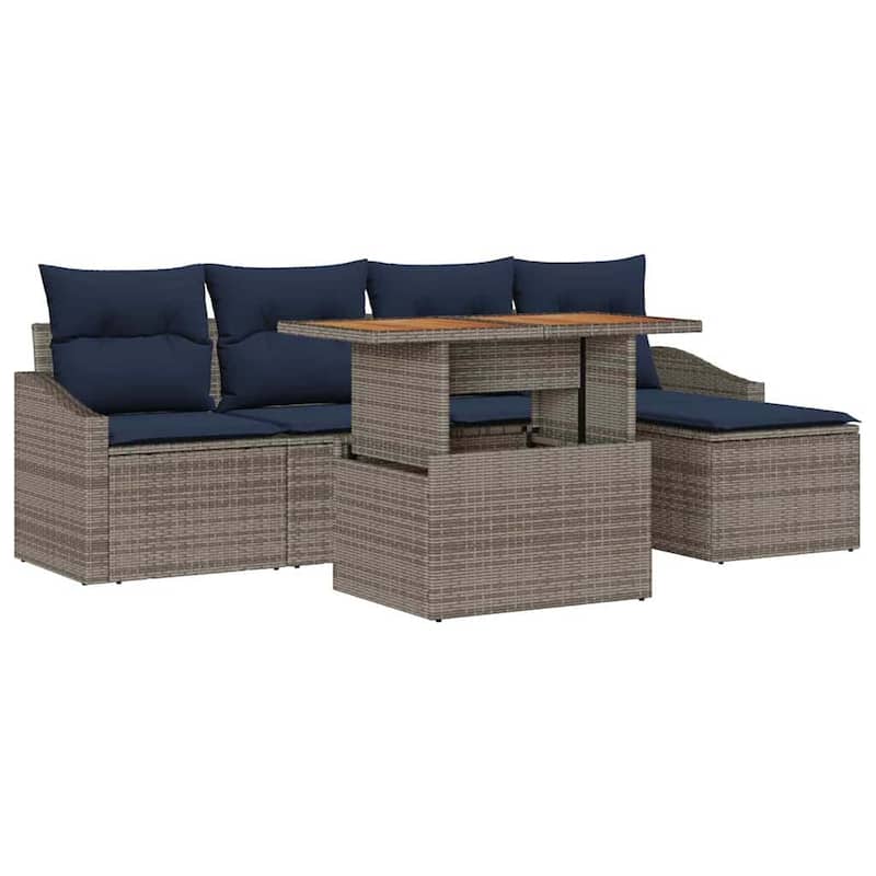 vidaXL 6 Garden Sofa Set with Cushions Black/Grey Poly Rattan - 91.7 x 46.1 x 27.2