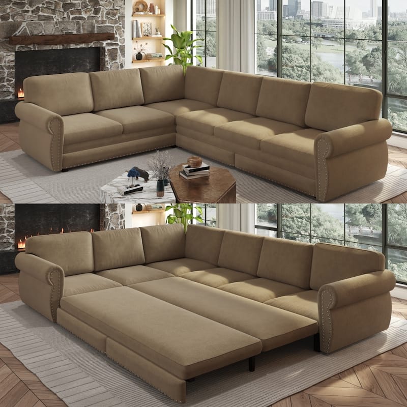 L-Shaped Sectional Sofa with Pull-Out Bed, Oversize Convertible Sleeper Sofa with Rolled Arms, Chenille Upholstery - Camel