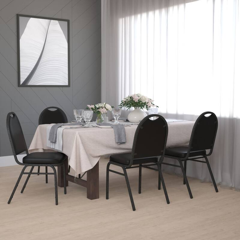 4PK Commercial Dome Back Stacking Banquet Chairs with Metal Frames - Black Vinyl/Silver Vein Frame