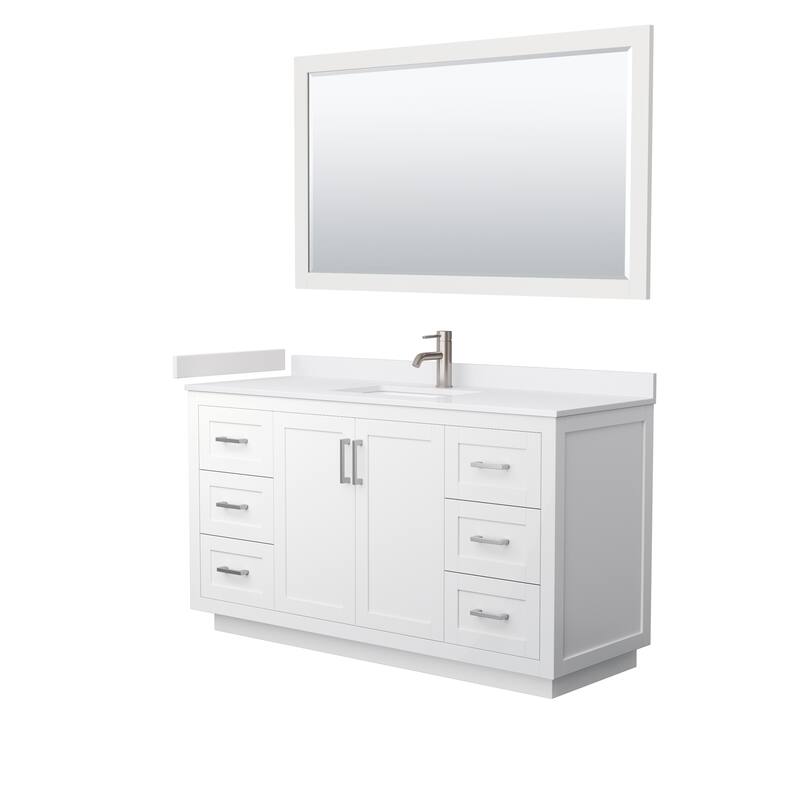 Miranda Bathroom Vanity Set, Cultured Marble Top, 58-Inch Mirror - 60-Inch Single - White, Nickel Trim, White Cultured Marble Top