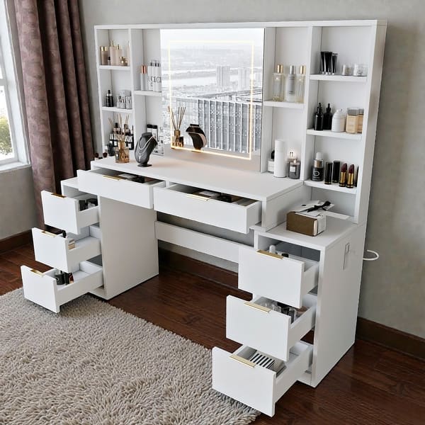 modern white dressing table with drawers 59" Makeup Vanity Desk, Modern Dressing Table with 4 Drawers (Without Mirror), Black