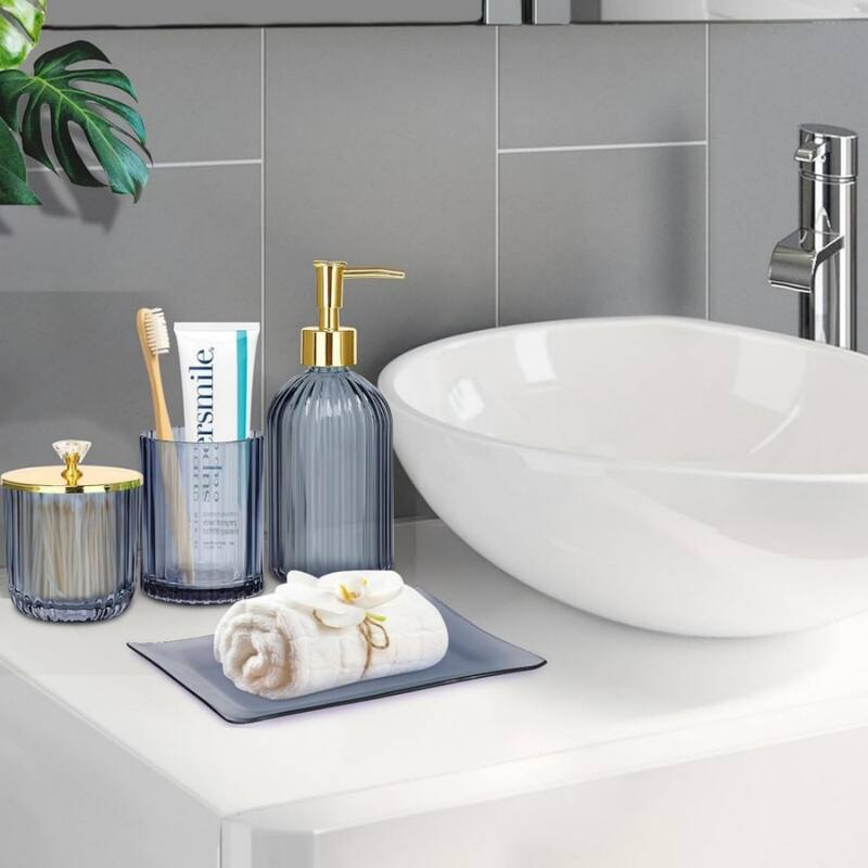 4-piece bathroom accessories set with soap dispenser, toothbrush holder, medicine bottle, tray